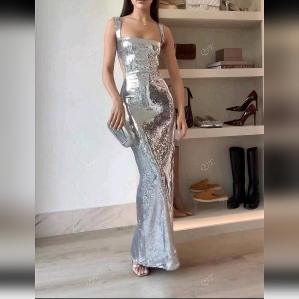 Metallic Sequin Square Neckline Fishtail Backless Sleeveless Cocktail Dress - Picture 3 of 6
